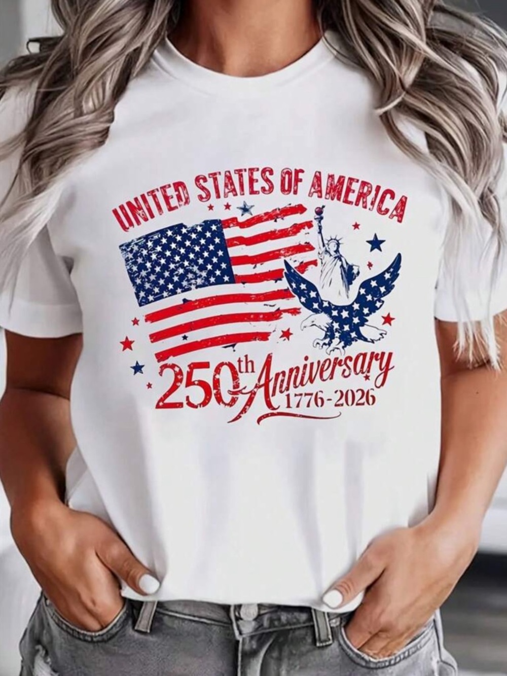 Patriotic USA Flag White Tee with Red and Blue 250th Anniversary Graphic New